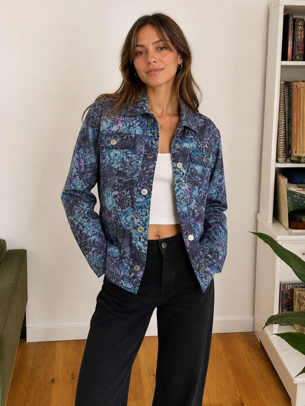 Vintage Women's Blue  Print Lightweight Jacket